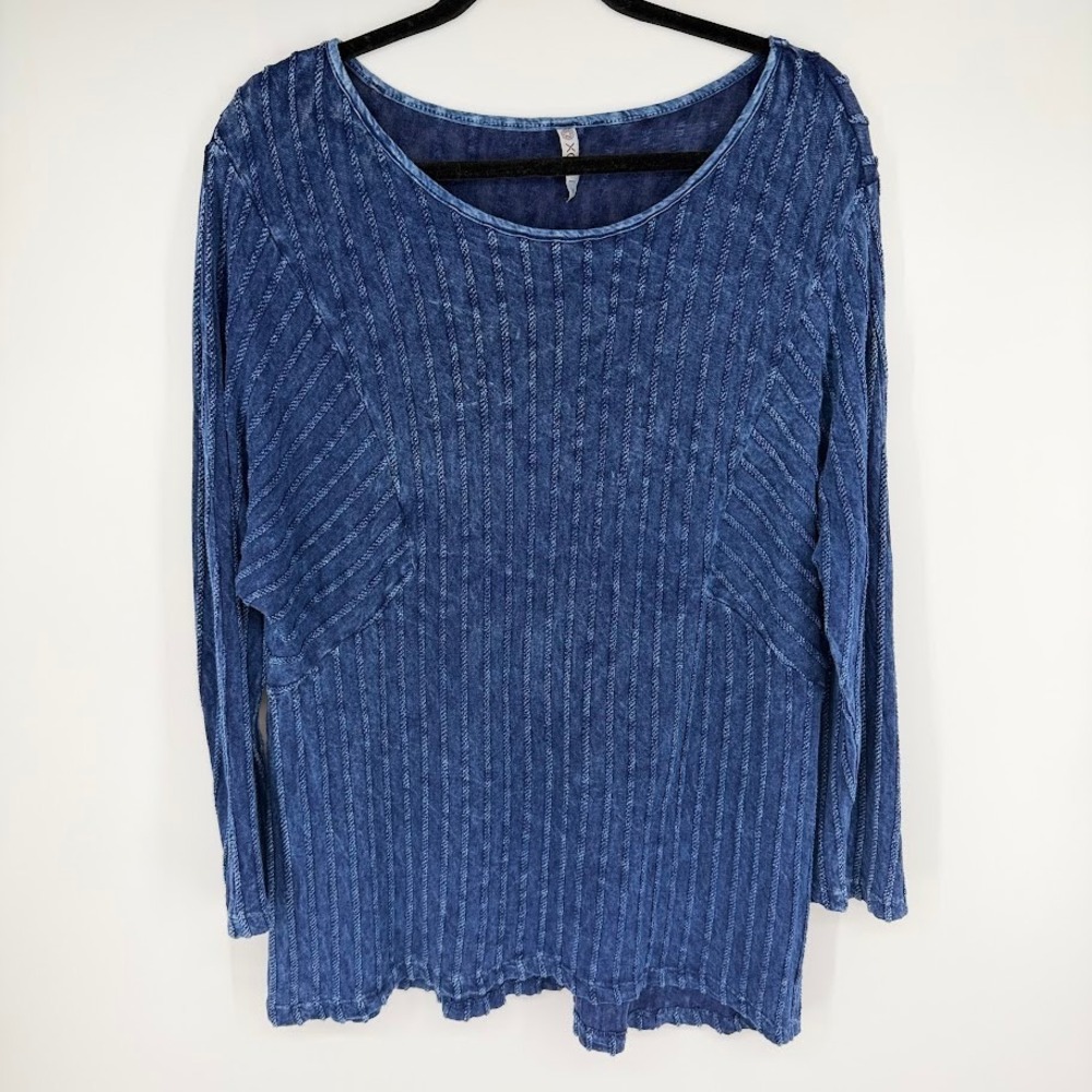 XCVI Indigo Blue Ribbed Textured Tunic Top Women's M Lagenlook Boho Made USA
